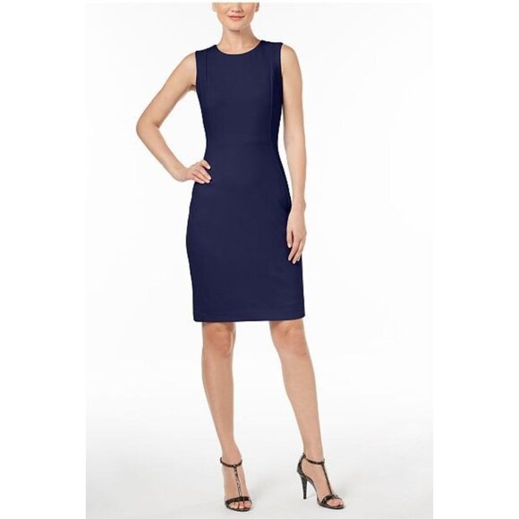 Calvin Klein Navy Blue Crepe Sheath Dress Size 12 Classic Office Career Work - Picture 1 of 8